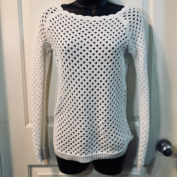 LOFT Tops - LOFT Petites XXSP White Open Knit Crochet Sweater Long Sleeve Boho